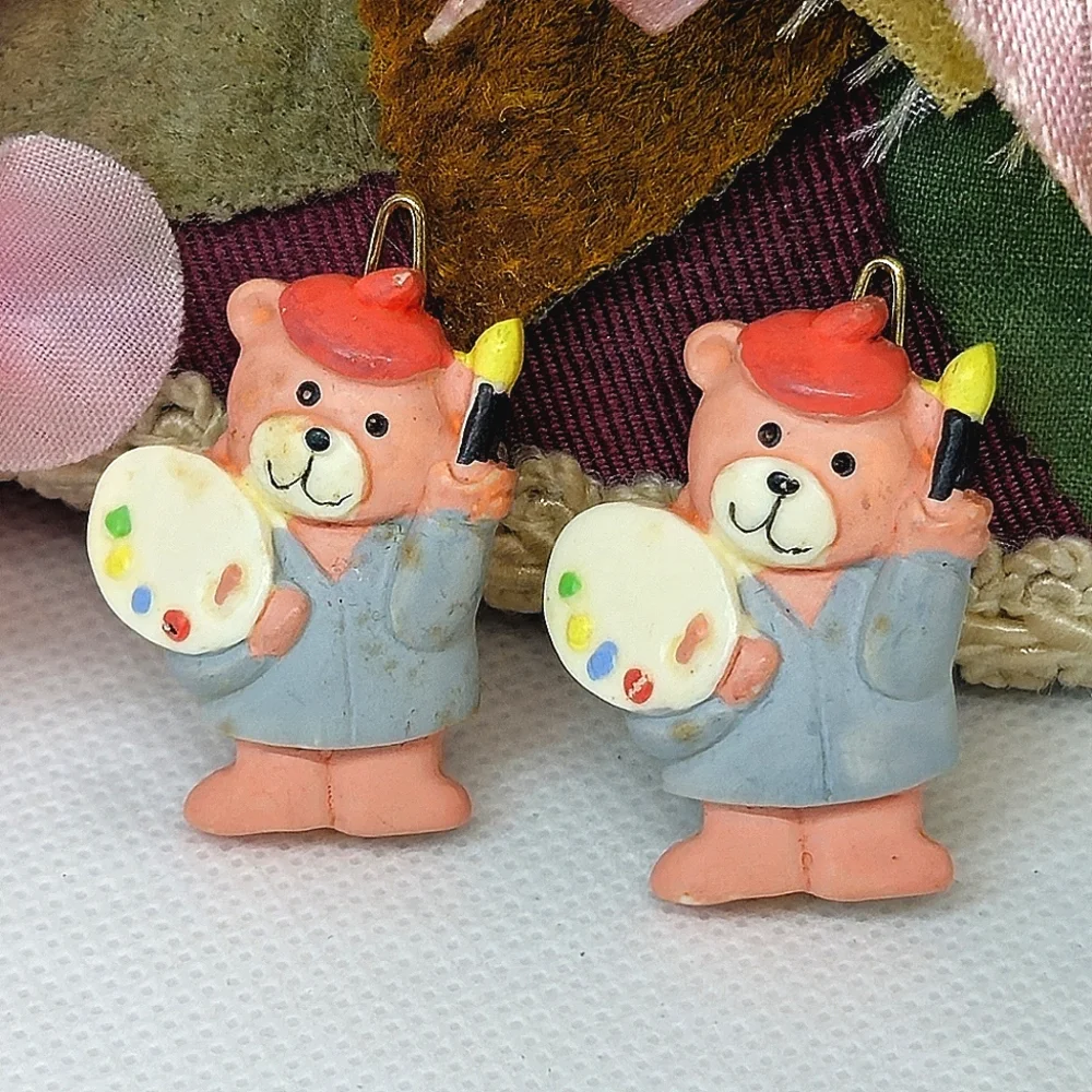 2 Vintage Pink Painter Artist Bear Hair Barrettes Tready Bear Hair Clips